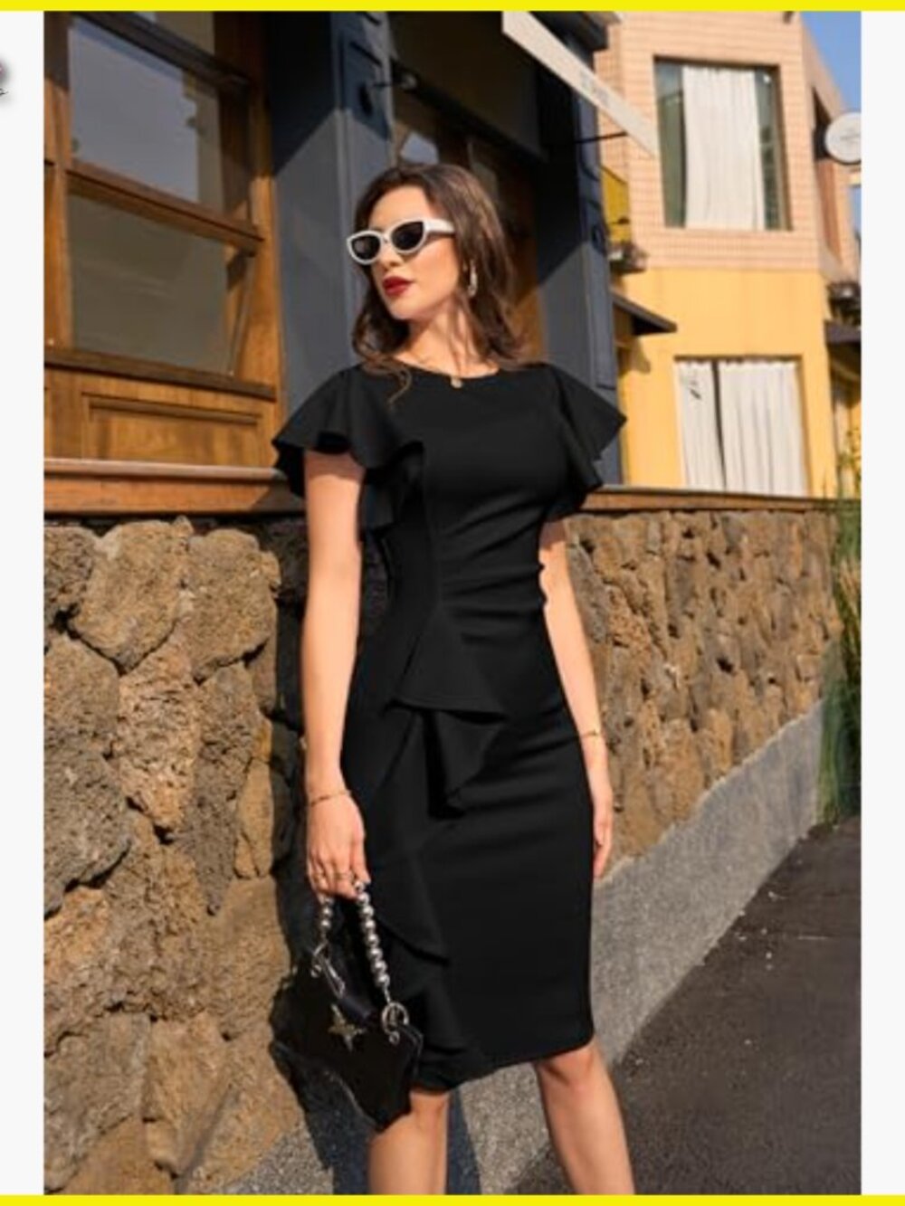 Vintage Ruffle Sleeve Bodycon Midi Dress Elegant Retro Work Formal Wear - Picture 2 of 7